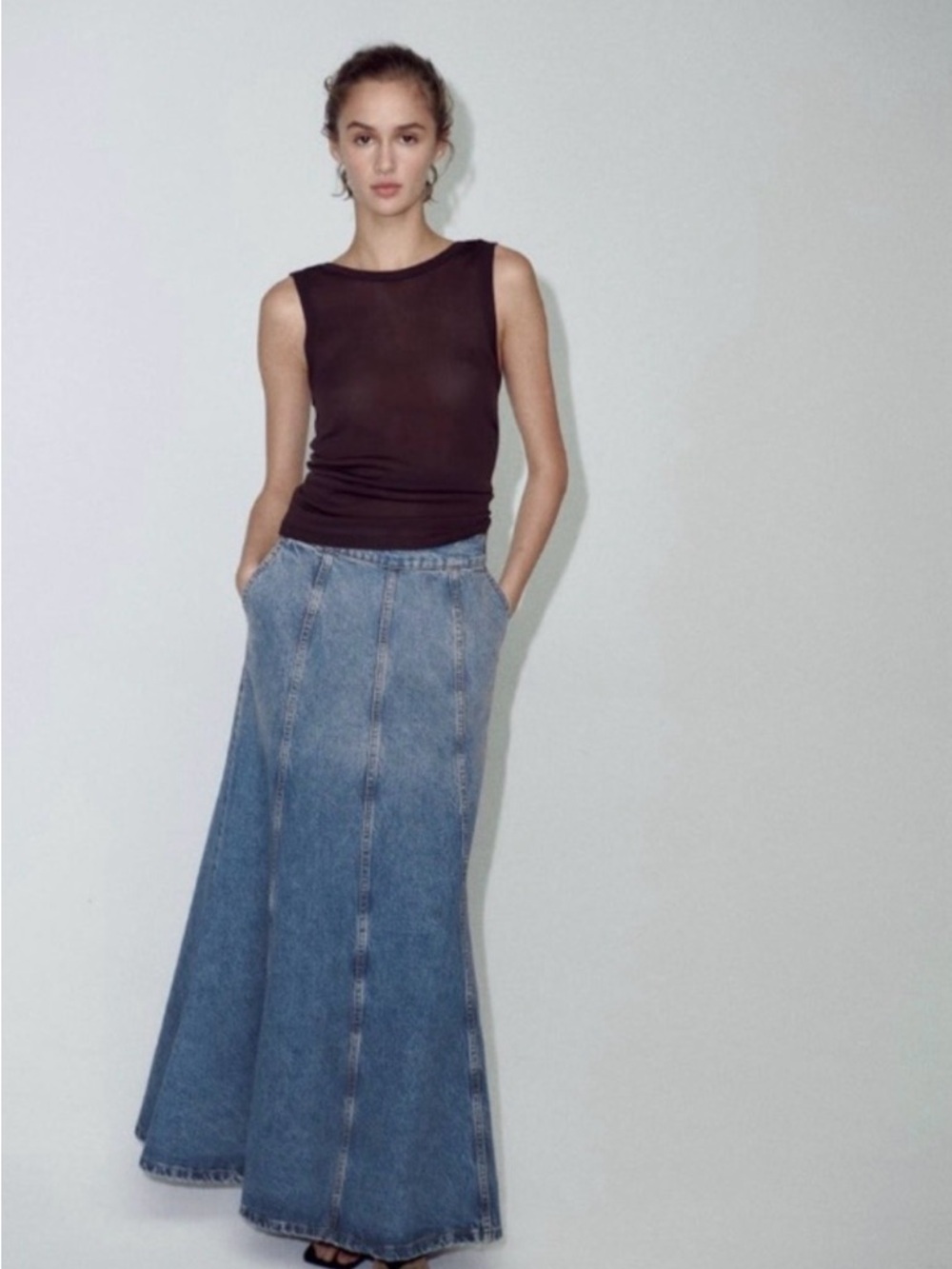Zara High Waisted A-Line Blue Denim Long Maxi Skirt W/Front Pockets Size M - Picture 2 of 10